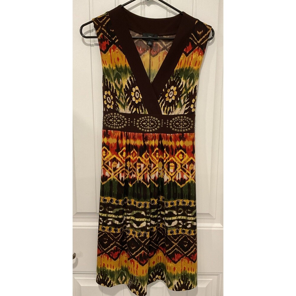EUC B. Wear by Iz Byer Bohemian Print Sleeveless Embellished Dress sz L Juniors